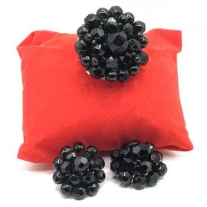 Vintage W. Germany Faceted Black Glass Clip-on earrings matching Brooch